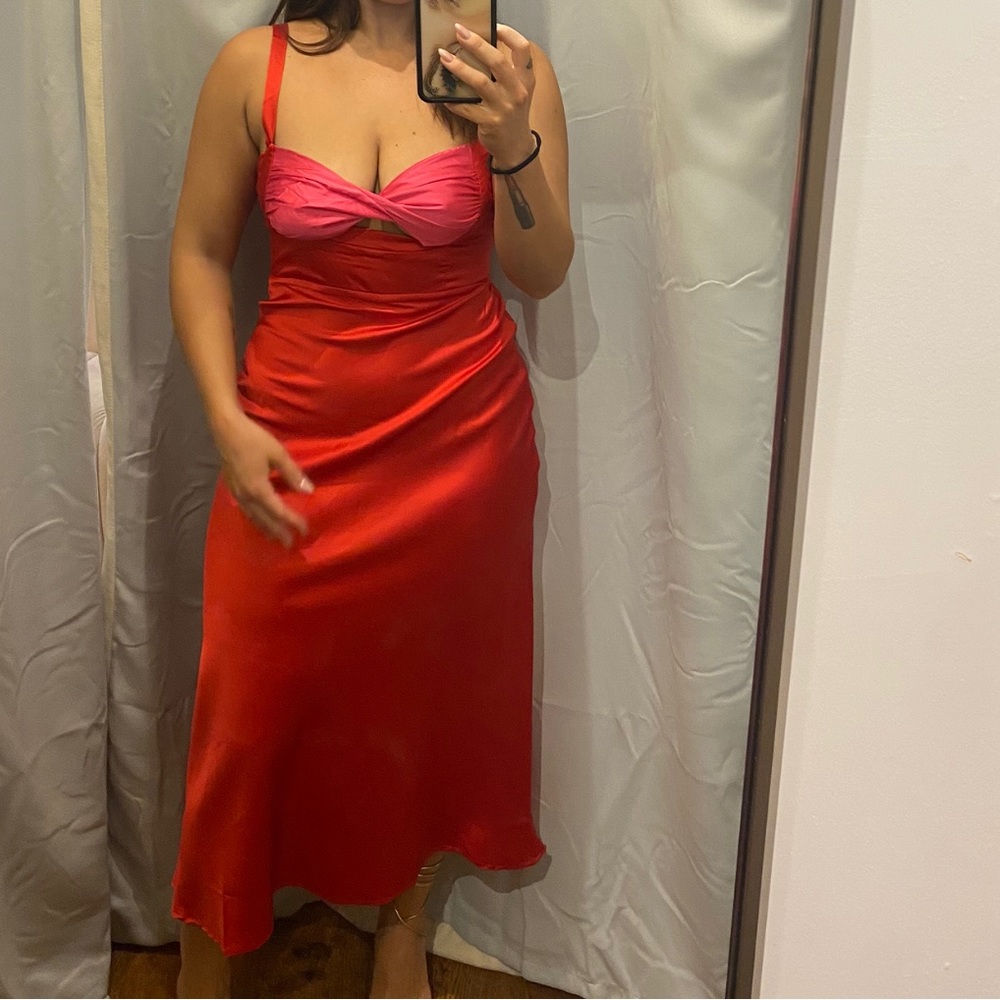 Red and pink silk mid length dress